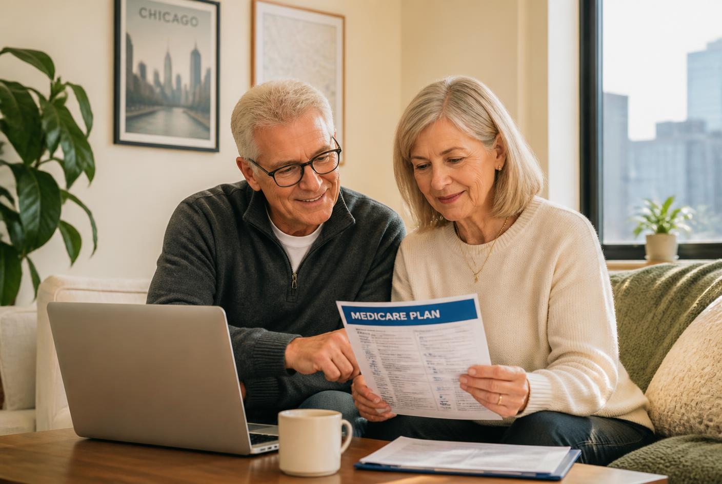 Couple reviewing Medicare enrollment paperwork together